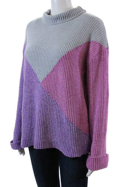 Elena Wang Womens Long Sleeve Mock Neck Soft Knit Sweater Gray Pink Size Large