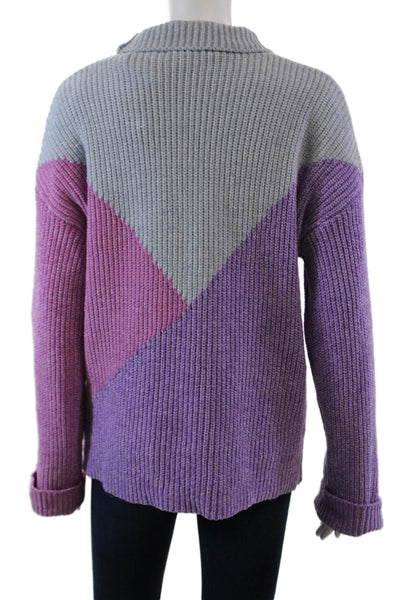 Elena Wang Womens Long Sleeve Mock Neck Soft Knit Sweater Gray Pink Size Large