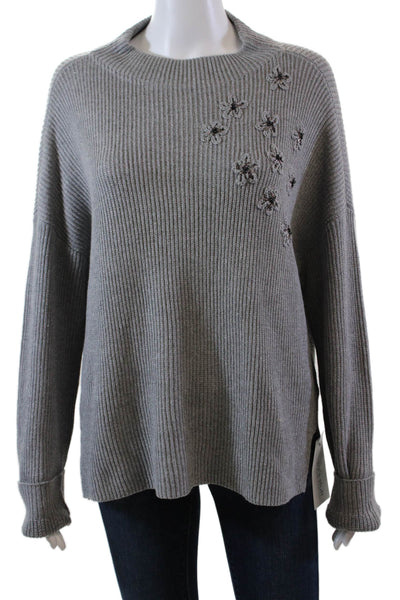 Nic + Zoe Womens Long Sleeve Crew Neck Ribbed Floral Sweater Gray Size Large