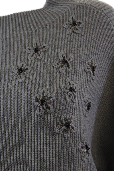 Nic + Zoe Womens Long Sleeve Crew Neck Ribbed Floral Sweater Gray Size Large
