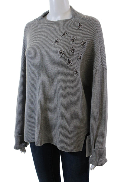 Nic + Zoe Womens Long Sleeve Crew Neck Ribbed Floral Sweater Gray Size Large