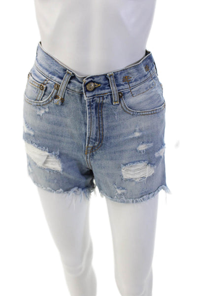 R13 Womens Zipper Fly High Rise Distressed Fringe Denim Shorts Blue Size 24