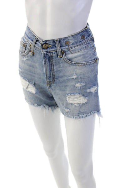 R13 Womens Zipper Fly High Rise Distressed Fringe Denim Shorts Blue Size 24