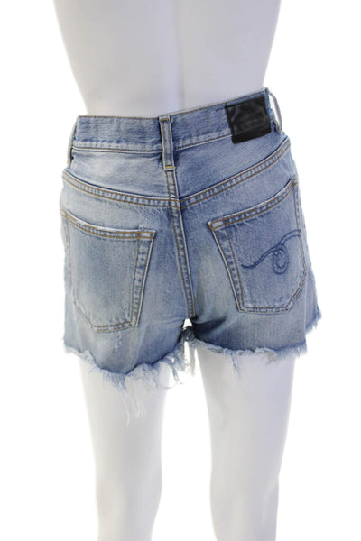 R13 Womens Zipper Fly High Rise Distressed Fringe Denim Shorts Blue Size 24