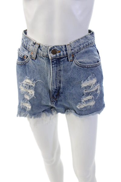 November Womens Zipper Fly High Rise Fringe Distressed Denim Shorts Blue Size 24