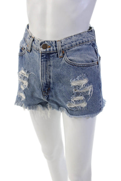 November Womens Zipper Fly High Rise Fringe Distressed Denim Shorts Blue Size 24