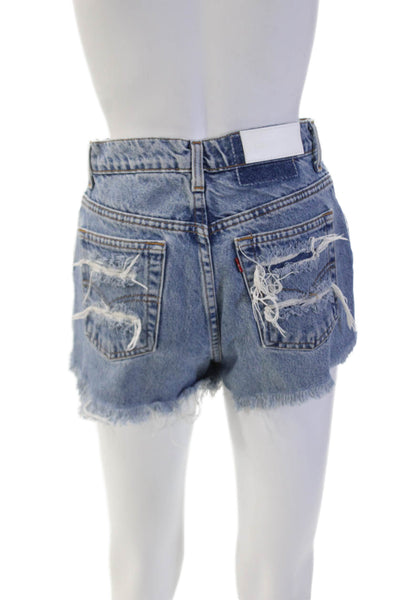 November Womens Zipper Fly High Rise Fringe Distressed Denim Shorts Blue Size 24