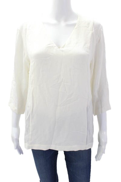 Theory Womens Silk Textured V-neck Long Sleeve Sleek Blouse White Size M