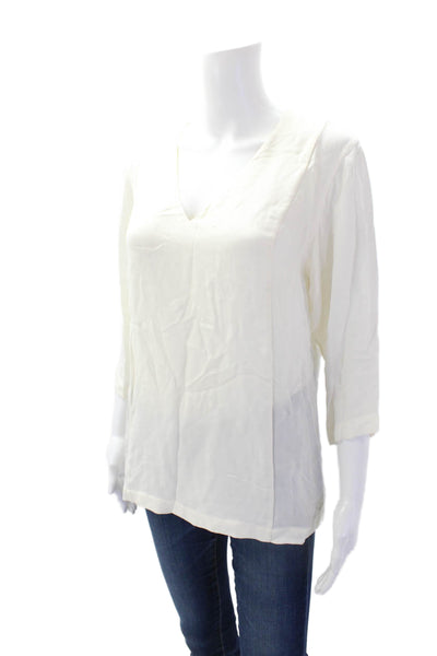 Theory Womens Silk Textured V-neck Long Sleeve Sleek Blouse White Size M