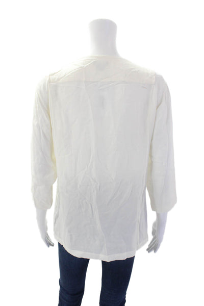 Theory Womens Silk Textured V-neck Long Sleeve Sleek Blouse White Size M