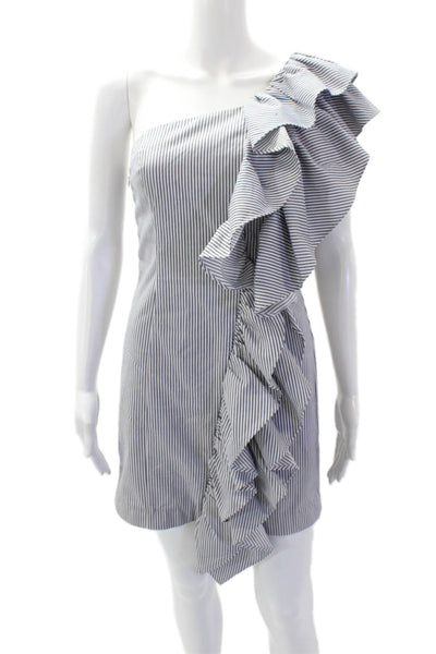 C/MEO Collective Womens Cotton Striped Ruffled One Shoulder Dress Blue Size S