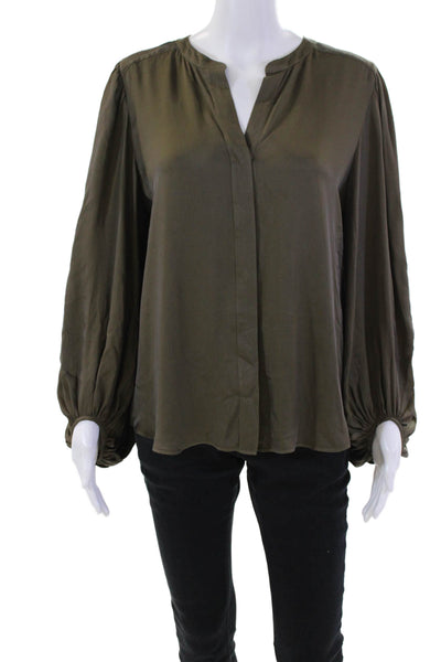 Trina Turk Women's Long Sleeves Silk Blend Button Up Blouse Olive Green Size M