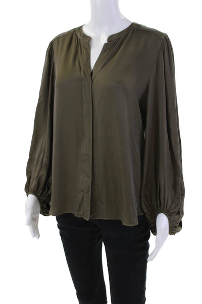 Trina Turk Women's Long Sleeves Silk Blend Button Up Blouse Olive Green Size M