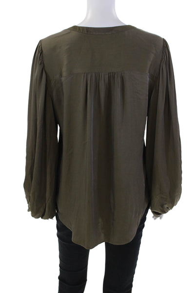 Trina Turk Women's Long Sleeves Silk Blend Button Up Blouse Olive Green Size M