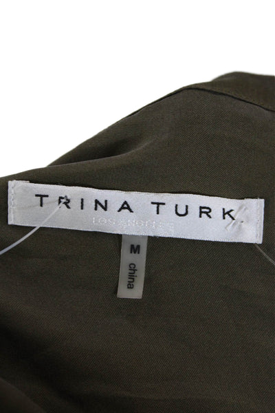Trina Turk Women's Long Sleeves Silk Blend Button Up Blouse Olive Green Size M