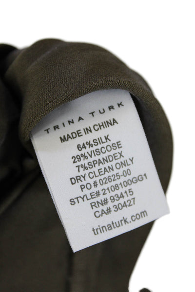 Trina Turk Women's Long Sleeves Silk Blend Button Up Blouse Olive Green Size M