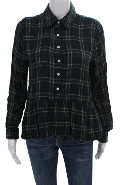 Birds of Paradis Womens Cotton Plaid Collared Long Sleeve Blouse Top Navy Size S