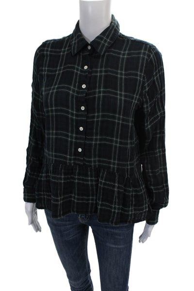Birds of Paradis Womens Cotton Plaid Collared Long Sleeve Blouse Top Navy Size S