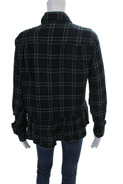 Birds of Paradis Womens Cotton Plaid Collared Long Sleeve Blouse Top Navy Size S