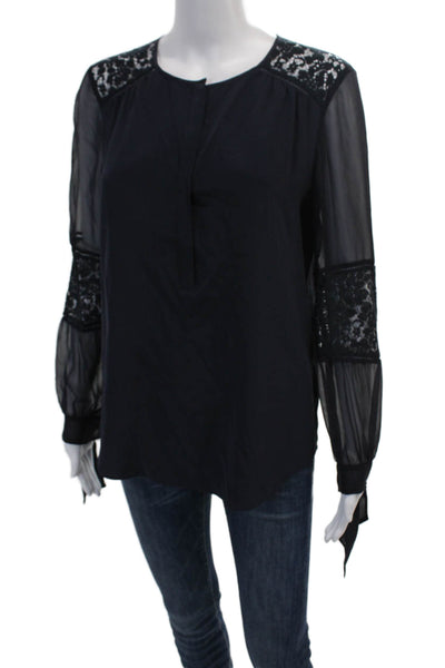 Rebecca Taylor Womens Silk Lace Long Sleeve Pullover Blouse Top Navy Size 4