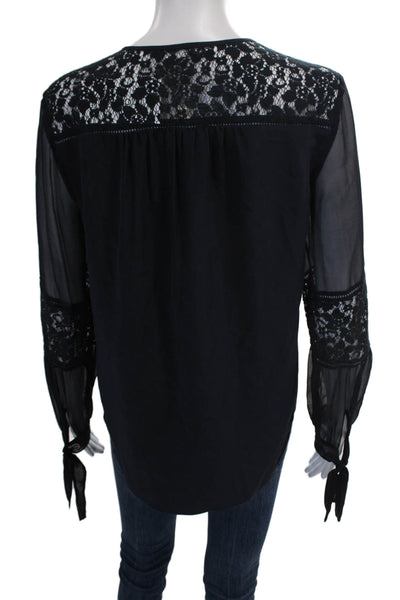 Rebecca Taylor Womens Silk Lace Long Sleeve Pullover Blouse Top Navy Size 4