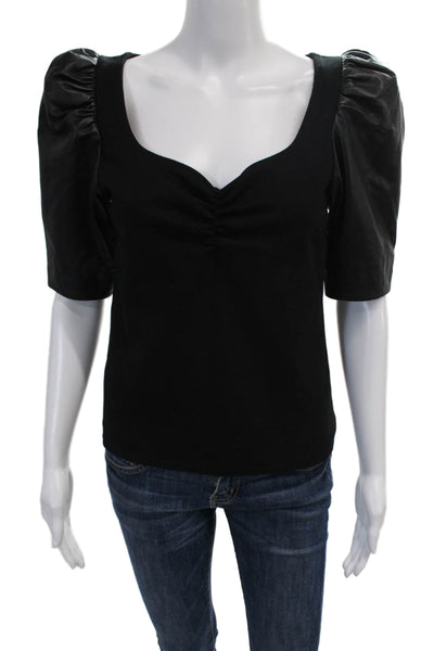 La Marque Womens Leather Trim Short Sleeve Pullover Blouse Top Black Size S