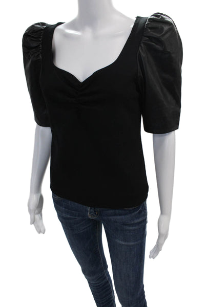 La Marque Womens Leather Trim Short Sleeve Pullover Blouse Top Black Size S