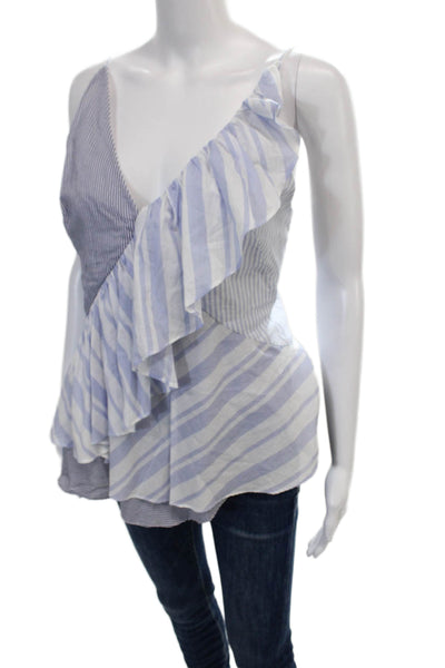 Intermix Womens Cotton Striped V-Neck Zip Up Tank Top Blouse Blue Size S
