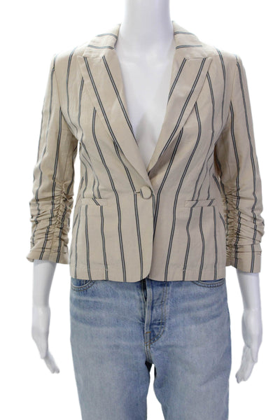 Drew Womens Cotton Striped Ruched 3/4 Sleeve Buttoned Blazer Beige Size XS