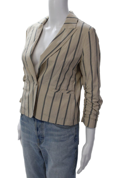 Drew Womens Cotton Striped Ruched 3/4 Sleeve Buttoned Blazer Beige Size XS