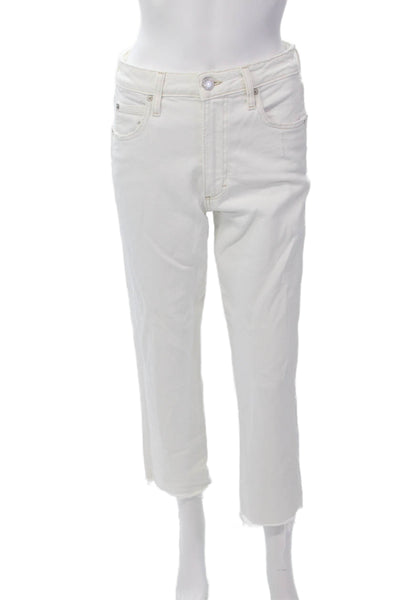 Amo Womens Cotton Raw Hem Buttoned Straight Leg Capri Jeans White Size 27