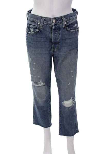 Amo Womens Cotton Distressed Button Fly Straight Cropped Jeans Blue Size 25