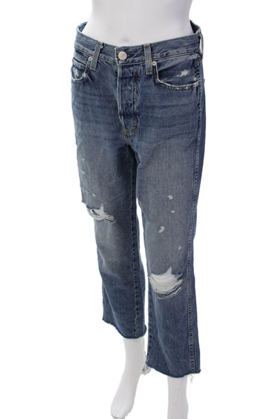 Amo Womens Cotton Distressed Button Fly Straight Cropped Jeans Blue Size 25