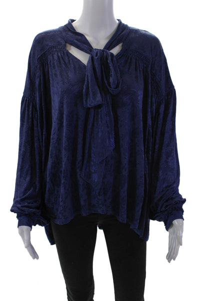 Free People Womens Floral Brocade Smocked Oversized High Low Blouse Blue Size S