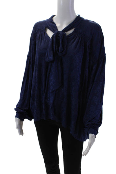 Free People Womens Floral Brocade Smocked Oversized High Low Blouse Blue Size S