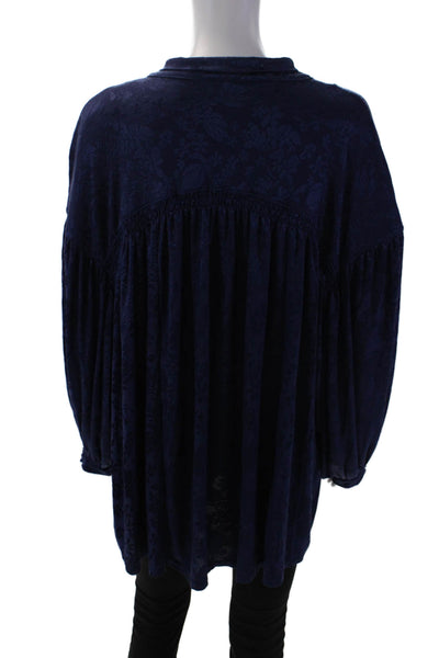 Free People Womens Floral Brocade Smocked Oversized High Low Blouse Blue Size S