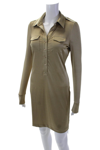 Halston Heritage Womens Half Button Down Shirt Dress Beige Gold Size 2
