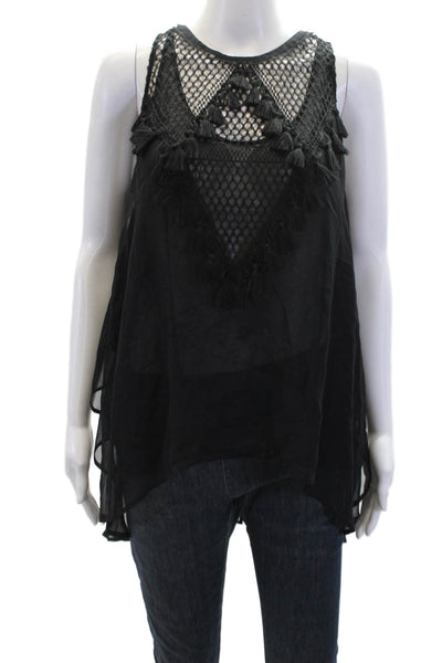 Kobi Halperin Women's Round Neck Sleeveless Tassel Sheer Blouse Black Size M