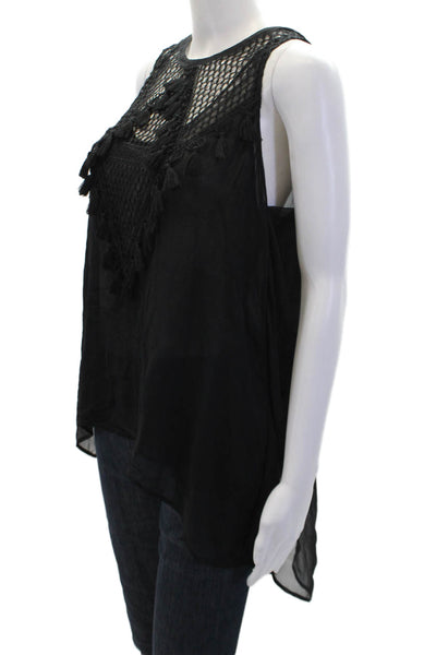 Kobi Halperin Women's Round Neck Sleeveless Tassel Sheer Blouse Black Size M