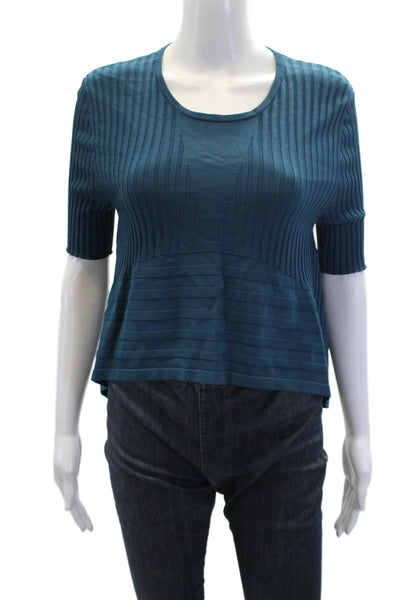 Opening Ceremony Women's Short Sleeves Ribbed Asymmetrical Blouse Teal Size M