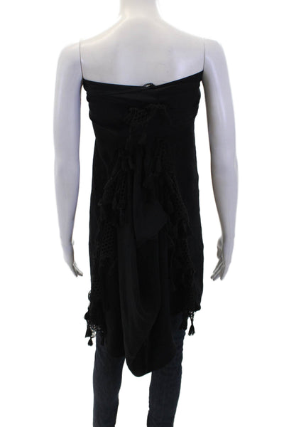 Kobi Halperin Women's Long Sleeves Fringe Crochet Trim Blouse Black One Size