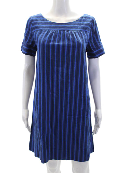HD In Paris Womens Cotton Striped Round Neck Short Sleeve Dress Blue Size 4