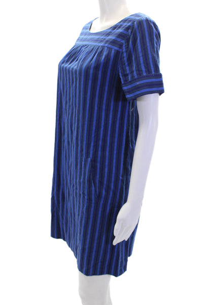 HD In Paris Womens Cotton Striped Round Neck Short Sleeve Dress Blue Size 4