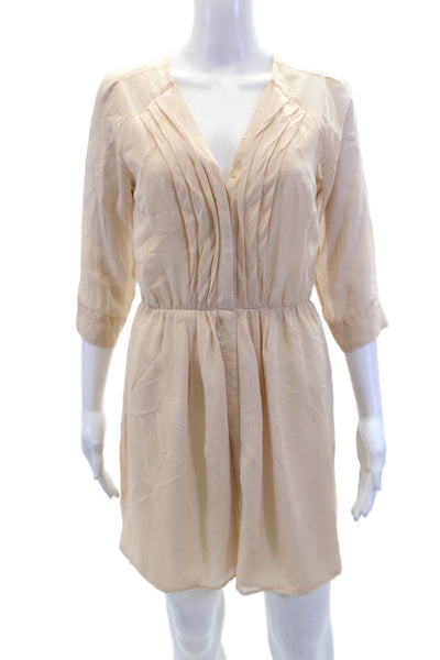 Eliot Womens Pleated V-Nekc Long Sleeve Button Up A-Line Dress Beige Size 0
