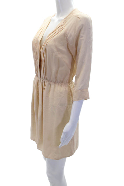 Eliot Womens Pleated V-Nekc Long Sleeve Button Up A-Line Dress Beige Size 0