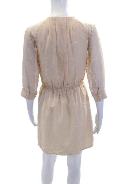Eliot Womens Pleated V-Nekc Long Sleeve Button Up A-Line Dress Beige Size 0