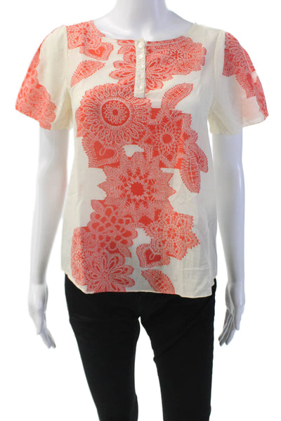 Jason Wu Womens Short Sleeve Scoop Neck Abstract Top White Orange Size 0