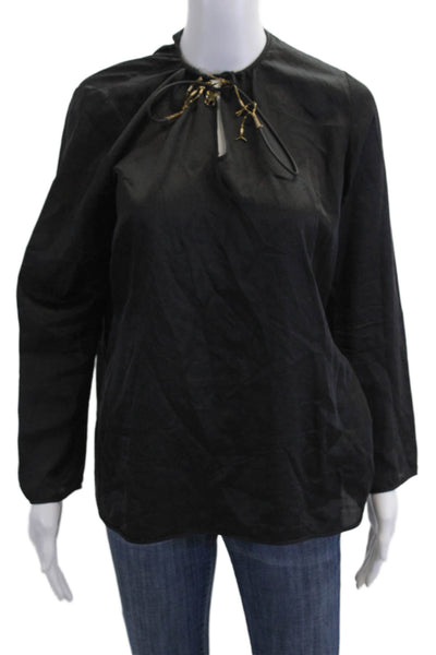 Maskit Womens Cotton Long Sleeve Y-Neck Blouse Top Solid Black Size L