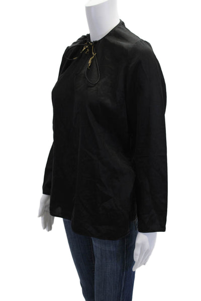 Maskit Womens Cotton Long Sleeve Y-Neck Blouse Top Solid Black Size L