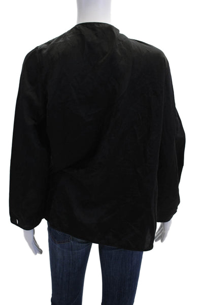 Maskit Womens Cotton Long Sleeve Y-Neck Blouse Top Solid Black Size L